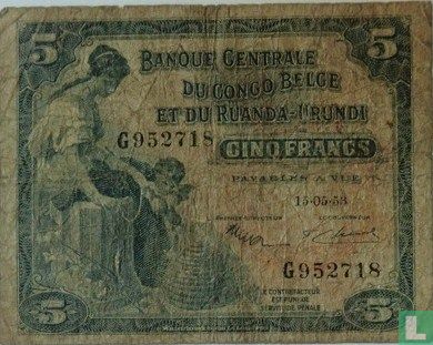 Belgisch-Kongo 5 Franken  - Bild 1