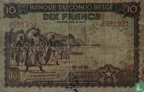Belgisch Congo 10 Francs 1942 - Afbeelding 1