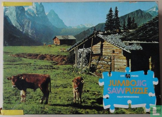 Alpenwei met hutten en vee - Afbeelding 1