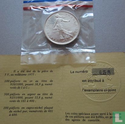 France 5 francs 1977 (Piedfort - nickelé) - Image 2