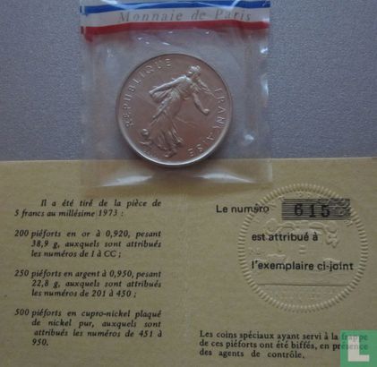 France 5 francs 1973 (Piedfort - nickelé) - Image 2