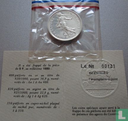 Frankreich 5 Franc 1980 (Piedfort - Nickel) - Bild 2