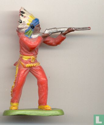 Indiaan met kleine tooi richt met geweer (rood geel) - Afbeelding 1