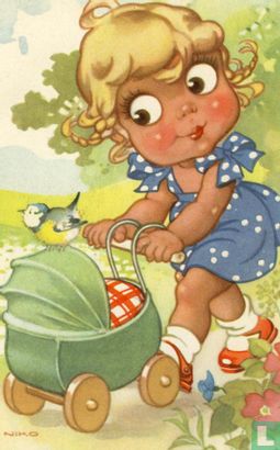 Meisje met poppenwagen, pimpelmees - Image 1