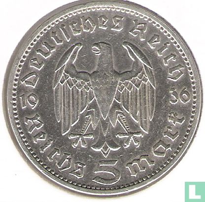 Duitse Rijk 5 reichsmark 1936 (zonder hakenkruis - J) - Afbeelding 1