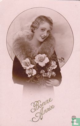 Bonne Année - Vrouw met bontjas en bloemen - Afbeelding 1