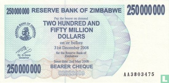 Zimbabwe 250 Million Dollars 2008 - Afbeelding 1