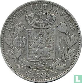 Belgium 5 francs 1849 (bareheaded - large 9) - Image 1