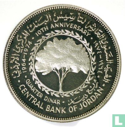 Jordan ¼ dinar 1974 (AH1394 - PROOF - silver) "10th anniversary Central Bank of Jordan" - Image 1