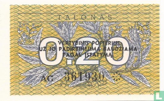 Lithuania 0.20 Talonas  Error: outline cut wrong on back - Image 1