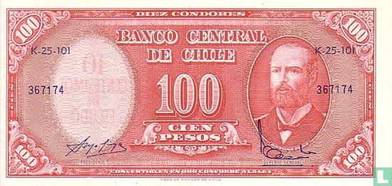 Chili 10 Centesimos op 100 Pesos ( Sergio Molina Silva & Francisco Ibañez Barceló) - Afbeelding 1