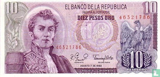 Colombia 10 Pesos Oro 1980 - Afbeelding 1