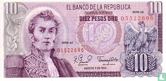 Kolumbien 10 Pesos Oro 1980 - Bild 1