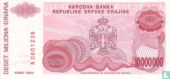 Srpska Krajina 10 Miljoen Dinara 1994 - Afbeelding 2