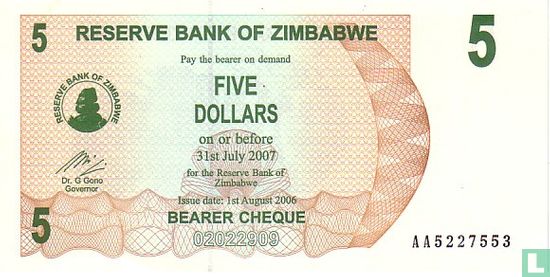 Zimbabwe 5 Dollars  - Afbeelding 1