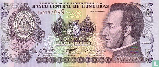 Honduras 5 Lempiras - Afbeelding 1
