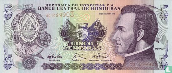 Honduras 5 Lempiras - Afbeelding 1