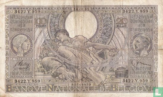 Belgium 100 Francs / 20 Belgas 1938 (16:02) - Image 1