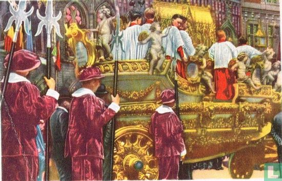 Bergen - De "Car d'Or" (gouden wagen) met het schrijn van Sinte-Waudru in de Processie