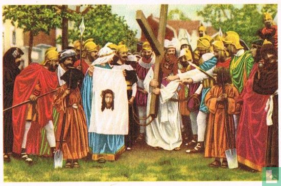 Kortrijk - Processie van het Heilig-Haar. De Heilige Veronika wischt Jezus' aangezicht af