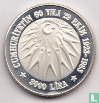 Turkije 3000 lira 1983 (PROOF) "60th anniversary of the Republic" - Afbeelding 1
