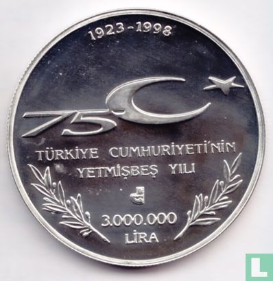 Turquie 3.000.000 lira 1998 (BE) "75th anniversary Republic of Turkey - Arts and sciences" - Image 1