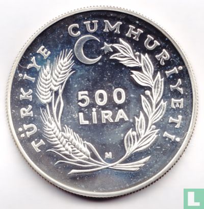 Turquie 500 lira 1984 (BE - argent - avec marque d'atelier) "FAO - World Fisheries Conference" - Image 2