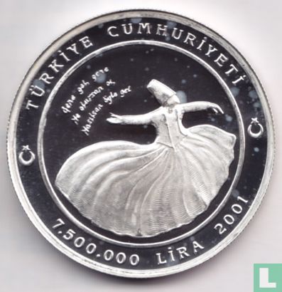 Turkije 7.500.000 lira 2001 (PROOF) "Mevlâna Celâddin-i Rumî" - Afbeelding 1