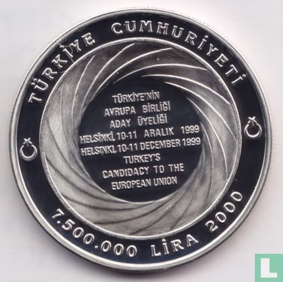 Turkey 7.500.000 lira 2000 (PROOF - medal alignment) "Turkish European Union candidacy" - Image 1