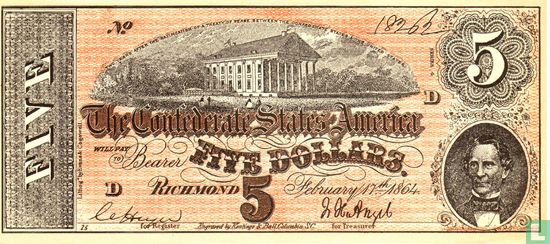 Confederate States of America  5 dollars  1864 - Afbeelding 1