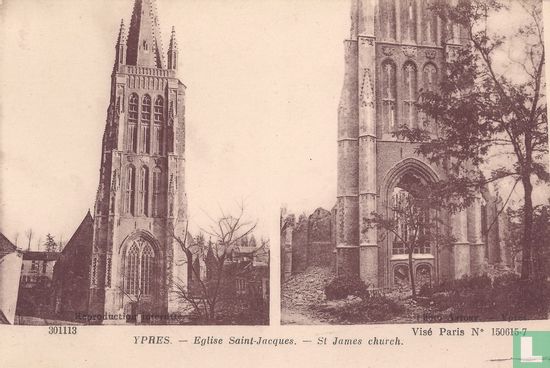Ypres - Eglise Saint-Jacques avant et après le bombardement