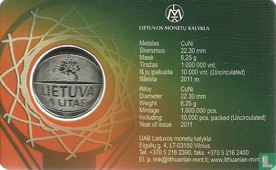 Lithuania 1 litas 2011 (coincard) "European Basketball Championship" - Image 2