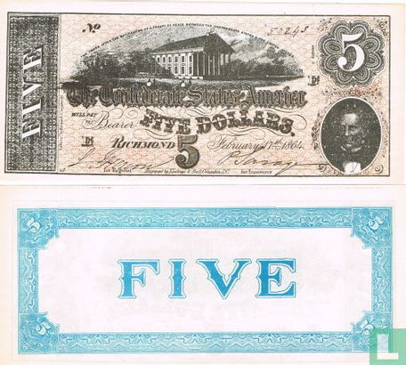 projet de loi 5 dollar confédéré papier monnaie réplique