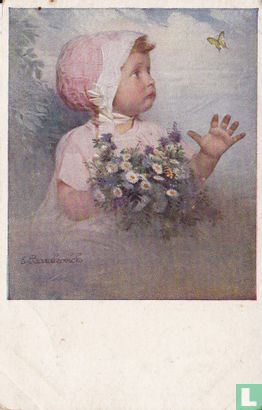 Baby meisje met bloemen en vlinder - Afbeelding 1