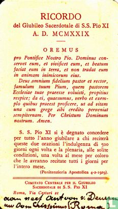 Ricordo del Giubileo Sacerdotale di S.S. Pio XI A.D. MCMXXIX - Afbeelding 2