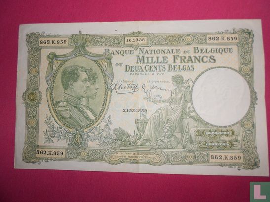 Belgien 1000 Francs 200 Belgas 1938