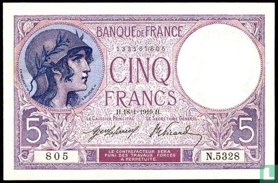 France 5 Francs Violet type 1917 