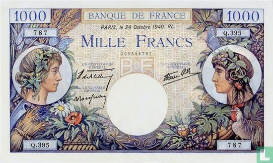 1000 Francs(commerce&industrie)type 1940 - Image 1