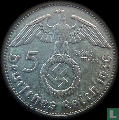 Duitse Rijk 5 reichsmark 1939 (F) - Afbeelding 1