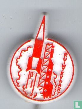Ruimtevaart (rocket launch) [red on white]