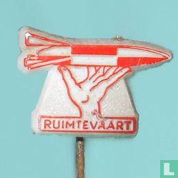 Ruimtevaart (Hand mit Modell-Rakete) [rot auf weiß]
