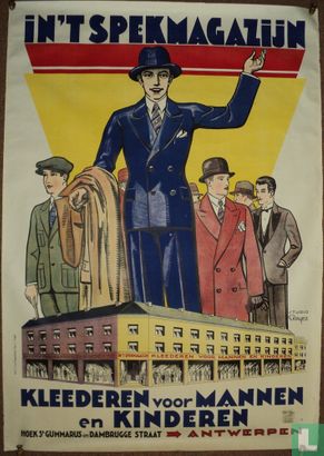 In`t spekmagazijn Kleederen voor Mannen en Kinderen. Antwerpen,1931 Litho - Afbeelding 1