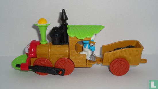 Smurf on locomotive with coal waggon