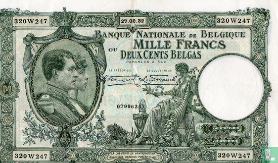 België 1000 Francs / 200 Belgas 1932 - Afbeelding 1