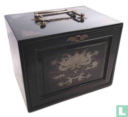 Mah Jongg Been&Bamboe Zwartgelakt Chinees kistje met zilverkleurige beschildering - Image 1