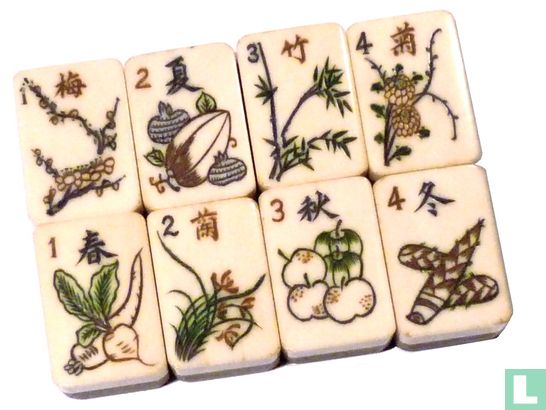 Mah Jongg Been&Bamboe Rozenhouten Chinees5-laden kistje met veel ingelegde figuren - Bild 3