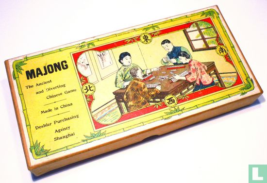Mah Jongg Kaarten Kartonnen langwerpige doos met benen fiches en houten latten - Image 1