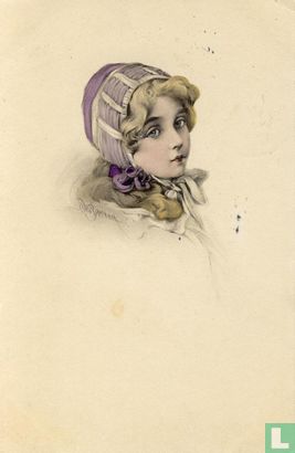 Meisjesportret met paars hoofddeksel