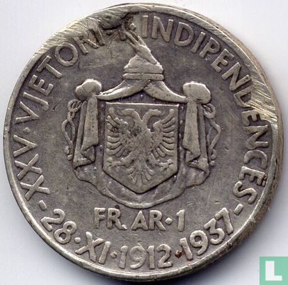 Albanië 1 frang ar 1937 "25 years of independence" - Afbeelding 1