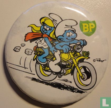 BP (Schlumpf und Schlumpfine auf Motorrad)